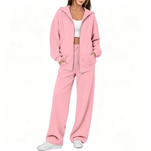 Women's Sweatsuit 2 Piece Outfit Long Sleeve Full Zip Hooded Jacket with Drawstring Wide Leg Pants Relaxed Fit Casual Lounge Wear Tracksuit Set for Fall Winter Daily Pink M