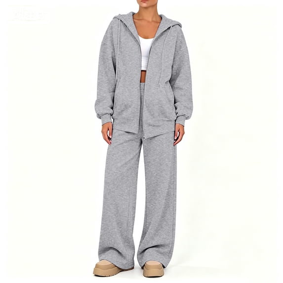 Women's Sweatsuit 2 Piece Outfit Long Sleeve Full Zip Hooded Jacket with Drawstring Wide Leg Pants Relaxed Fit Casual Lounge Wear Tracksuit Set for Fall Winter Daily Light Gray M