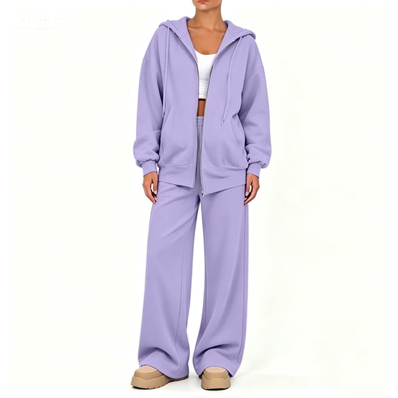 Women's Sweatsuit 2 Piece Outfit Long Sleeve Full Zip Hooded Jacket with Drawstring Wide Leg Pants Relaxed Fit Casual Lounge Wear Tracksuit Set for Fall Winter Daily Light Purple L