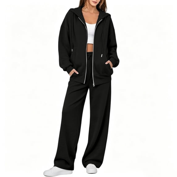Women's Sweatsuit 2 Piece Outfit Long Sleeve Full Zip Hooded Jacket with Drawstring Wide Leg Pants Relaxed Fit Casual Lounge Wear Tracksuit Set for Fall Winter Daily Black L