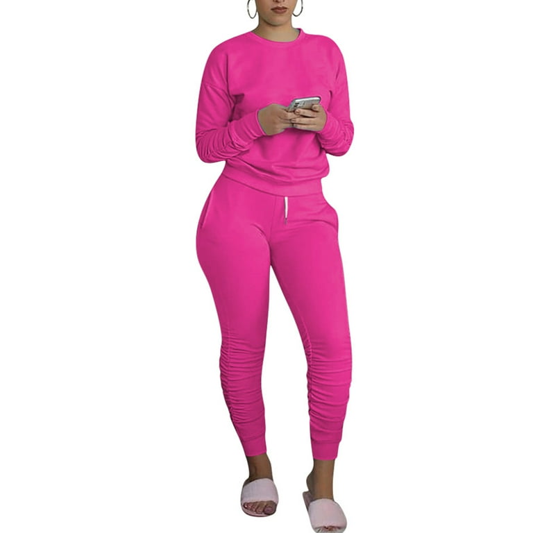 Women's Sweatsuit 2Pcs Set Tracksuits Long Sleeve Solid Color Pullover  T-shirt+High Waist Skinny Lace-up Long Pants Legging Fitness Outfits 