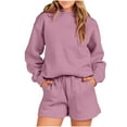thumbnail image 1 of Women's Sweatsuit Sets 2 Piece Solid Loose Sport Lounge Outfits Long Sleeve Hoodies Pocketed Short Pants Tracksuits, Purple, XXL, 1 of 2