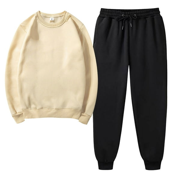 Women's Sweatsuit Sets Trendy Round Neck Solid Color Pullover And Casual Sports Pants Sports 2 Piece Jogger Set Khaki M