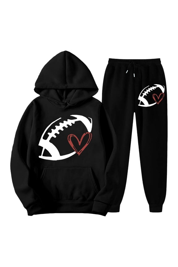 Women's Sweatsuits 2 Piece Game Day Football Print Hooded Track Suits Long Sleeve Fashion Travel Outfit Winter Clothes