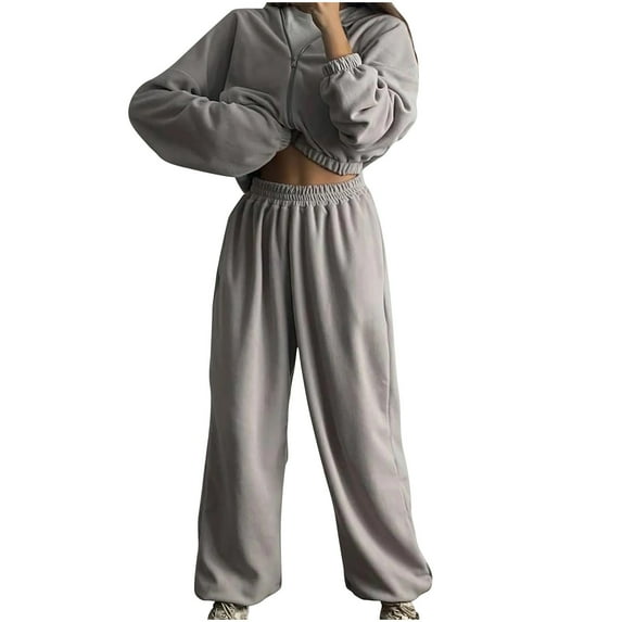 Women's Sweatsuits 2 Piece Outfits Casual Zippered Hooded Long Sleeved With Elastic Waistband Winter Gray Sweatpants with Pockets S-XL