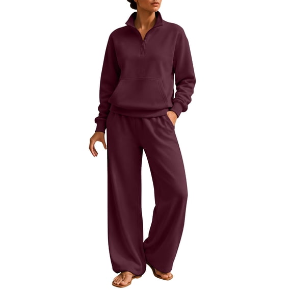 Women's Sweatsuits 2 Piece Outfits Lounge Sets | Cozy Airport Outfits,Casual Sweat Sets for Fall And Winter,Half Zip Pullover And Baggy Sweatpants with Pockets QURATI
