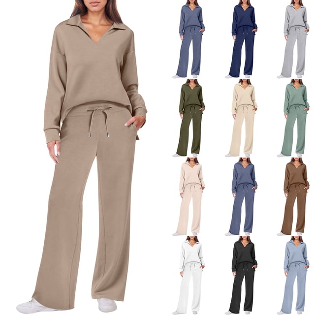 Women's Sweatsuits 2 Piece Outfits Lounge Sets Long Sleeve Casual Pullover and Baggy Sweatpants with Pockets Khaki XL