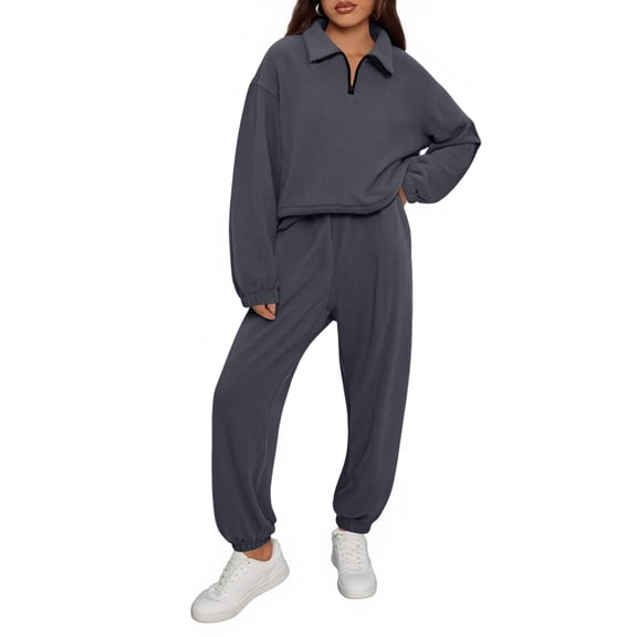 Women's Sweatsuits 2 Piece Outfits Lounge Sets Long Sleeve Zip-up Stand Collar Pullover and Baggy Sweatpants with Pockets Gray S