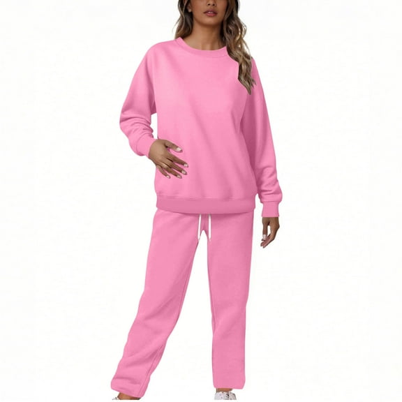 Women's Sweatsuits 2 Piece Outfits Loungewear Matching Sets Casual Sweatshirts Wide Leg Sweatpants Tracksuit New Going out Outfits for Women Pinky L