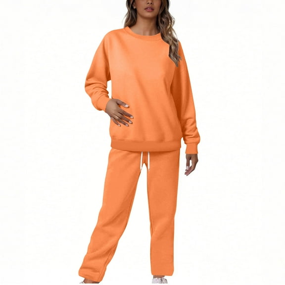 Women's Sweatsuits 2 Piece Outfits Loungewear Matching Sets Casual Sweatshirts Wide Leg Sweatpants Tracksuit New Travel Outfits for Women Fall Orange XL