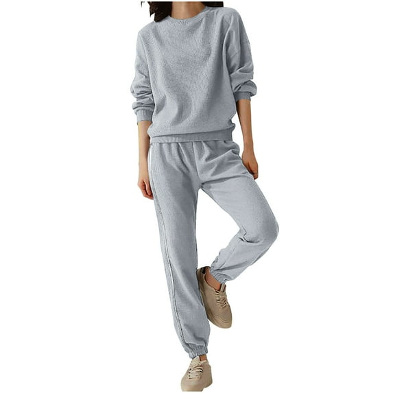 Women's Sweatsuits 2 Piece Outfits Solid Color Casual Sports Hoodie Long Sleeve Crewneck Winter Gray Sweatpants Lounge Set Sweatsuits M-4XL