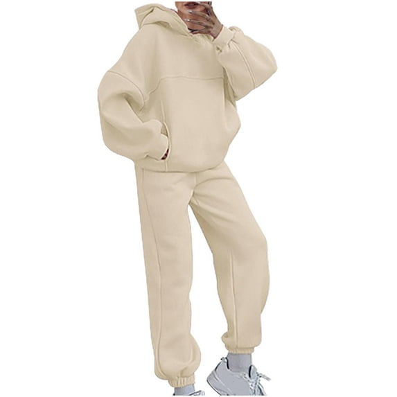 Women's Sweatsuits 2 Piece Outfits Solid Color Hooded Pullover Casual Long Sleeve Winter Beige Sweatpants with Pockets S-2XL
