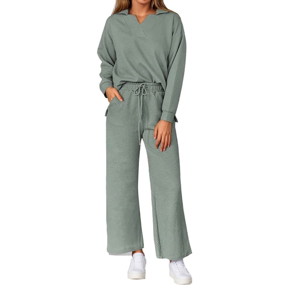 Women's Sweatsuits 2 Piece Solid Color Long Sleeve V-Neck Pullover and Sweatpants Casual Fall Comfy Fashion Tracksuit Sets
