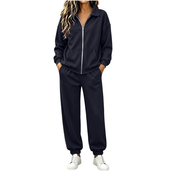 Women's Sweatsuits Collared Zip Up Jacket Wide Jogger 2 Piece Casual Sports Lounge Work Fall Outfits Streetwear Dark Blue S