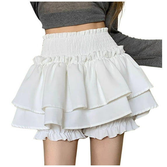 Women's Sweet Ballet Style White Cake High Waist Elastic Short Skirt - Wooden Ear Edge, Two Piece, , Casual - S-XL