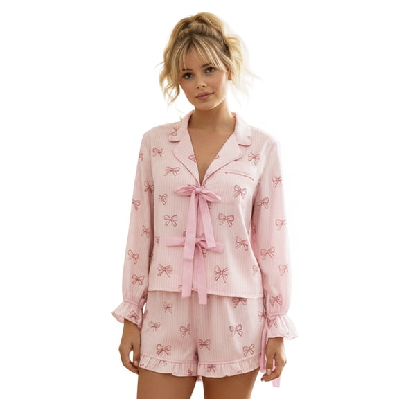 Women's Sweet Bow Print Pajama Set, Long Sleeve Button Down Top with Ruffle Shorts, Cute Loungewear Sleepwear for Women