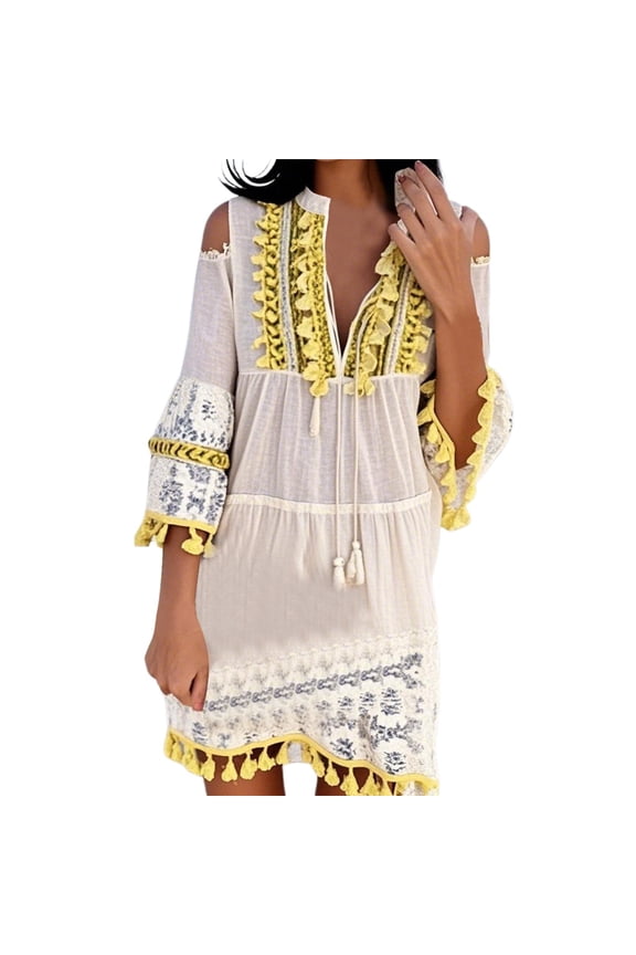 Women's Sweet Fashion V-Neck Off-Shoulder Lace Dress - Beach Summer Vacation - Adjustable Drawstring - Lace Fabric - S-XXXXXL Sizes