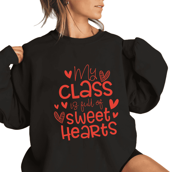 Women's Sweet Hearts Class Breathable Sweatshirt Top Casual Round-neck long-sleeved Black S-3XL