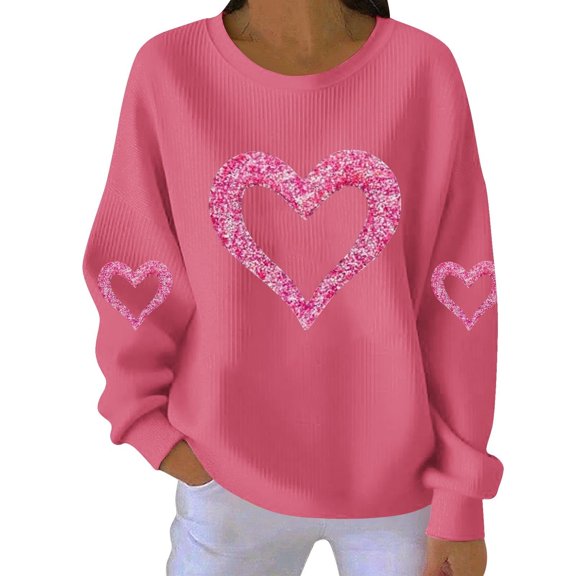 Women's Sweet Love Print Hoodie - Loose Fit Round Neck Long Sleeve, Valentine’s Casual Top for Commute & Dates Hot Pink XXL