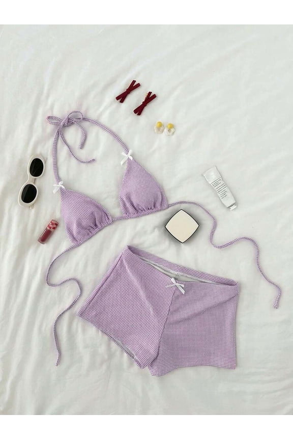 Women's Sweet Plaid Textured Triangle Cup Halter Neck & Hipster Bikini Set For Summer Beach Vacation