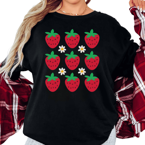 Women's Sweet Strawberry Daisy Grid Pattern Cute Summer Casual T Shirt Short Sleeve Round Neck Top Black S-5XL