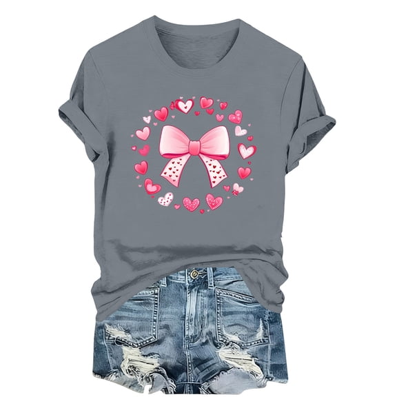 Women's Sweetheart Graphic Tee Bow Detail Casual Short Sleeve Round Neck Top Valentine's Day Print Romantic Spring Summer Date Night Cute Chic Outfits