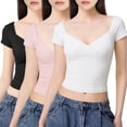 thumbnail image 1 of 3Pcs Women's Sweetheart Neck Cap Sleeve Fitted Tops, V-Neck Short Sleeve Crop Tops for Women  for Daily Wear (Black/White/Pink), 1 of 9