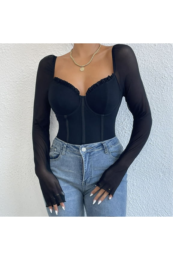 Women's Sweetheart Neck Mesh Long Sleeve Bodysuit Sexy Slim Fit Skinny T Shirt Bustier Corset Tops
