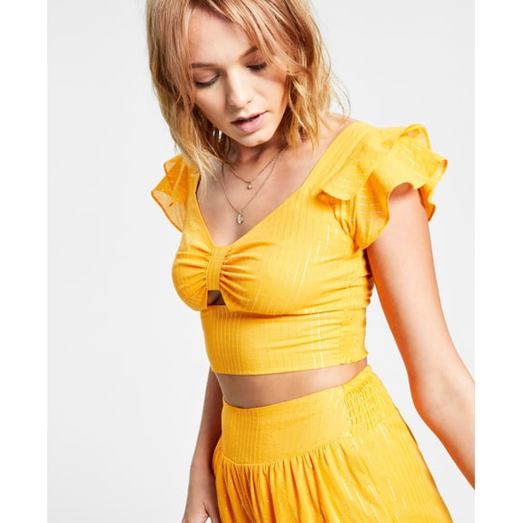 Women's Sweetheart-Neck Metallic-Striped Crop Top Gold Brick L
