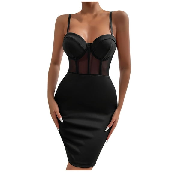 Women's Sweetheart Neck Mini Tight Dresses Bustier Spaghetti Strap Solid Color Slim Fitted Short Club Night Out Dress