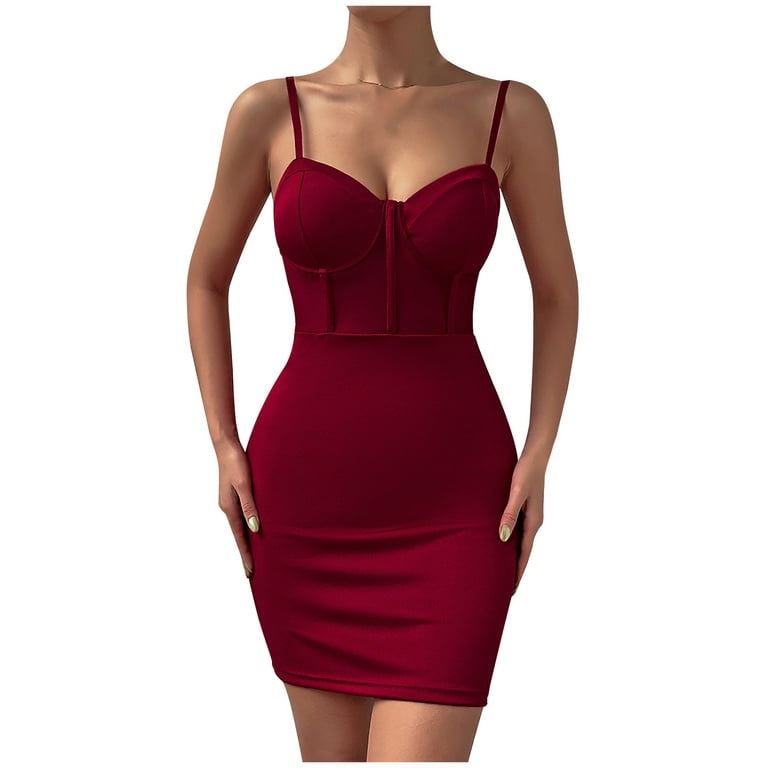 Women's Sweetheart Neck Mini Tight Dresses Bustier Spaghetti Strap Solid  Color Slim Fitted Short Club Night Out Dress 