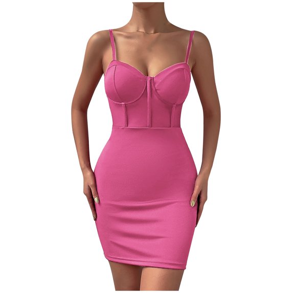 Women's Sweetheart Neck Mini Tight Dresses Bustier Spaghetti Strap Solid Color Slim Fitted Short Club Night Out Dress