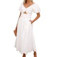 thumbnail image 1 of Women's Sweetheart Neck Puff Sleeve Dress with Ruched Cutout Pockets for Everyday Wear Flattering Fit 100% Cotton, 1 of 28