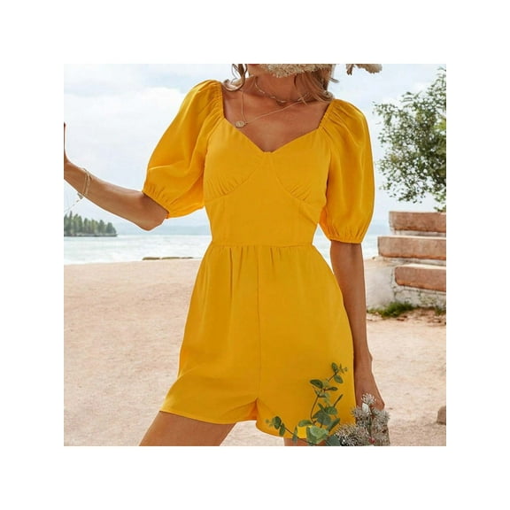Women's Sweetheart Neck Puff Sleeve Romper with Fitted Waist and Flowy Shorts for Casual or Dressy Looks- Large, Yellow