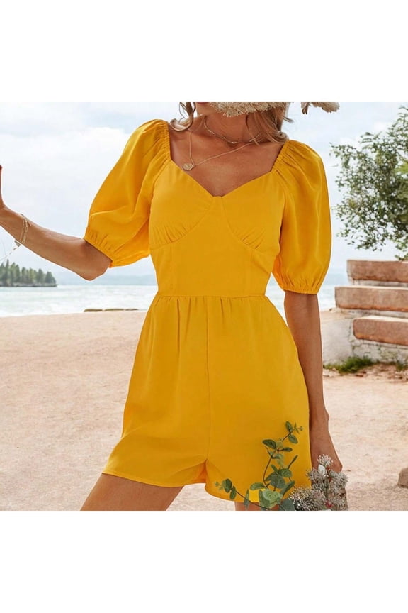 Women's Sweetheart Neck Puff Sleeve Romper with Fitted Waist and Flowy Shorts for Casual or Dressy Looks- Medium, Yellow