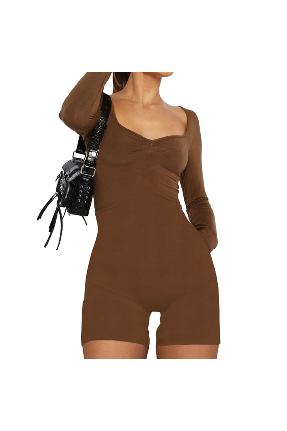 Women’s Sweetheart Neck Rompers Long Sleeve Ruched Front Solid Color Jumpsuit Shorts Fall Loungewear