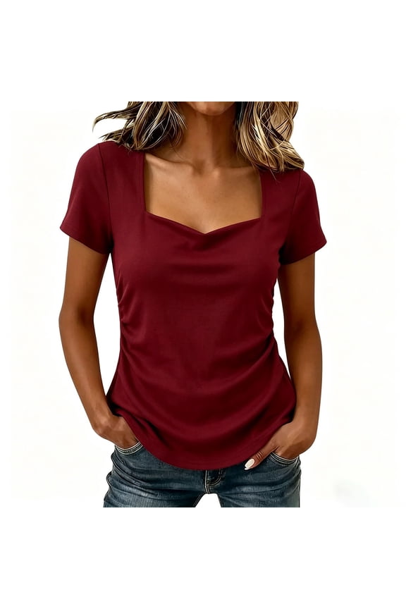 Women’s Sweetheart Neckline Fitted T-Shirt Short Sleeve Ruched Side Slimming Top Solid Casual Tee for 2026 Daily Wear Date Night Streetwear