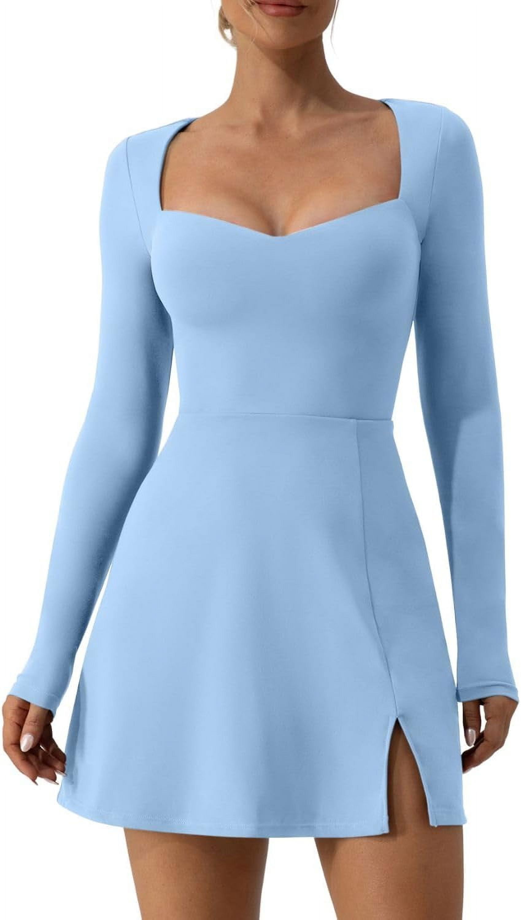 Women's Sweettheart Neckline Long Sleeve Dress Side Slit Stretch Flare Mini  Dress - Walmart.com