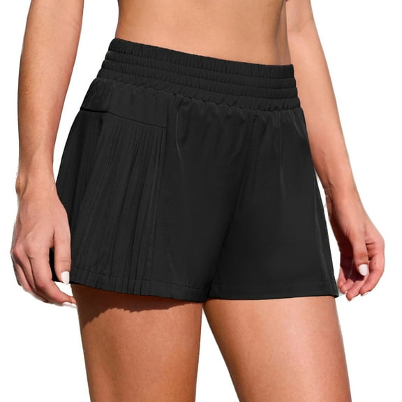 Women's Swim Shorts High Waisted Elastic Wideband Board Shorts with Pockets Ruffled Side Swimming Bottoms