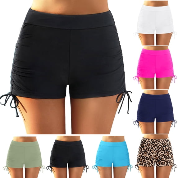 Women's Swim Shorts Solid Tankini Bottoms Swimming Shorts with Drawstring Summer Swimwear,Black,8 - 12