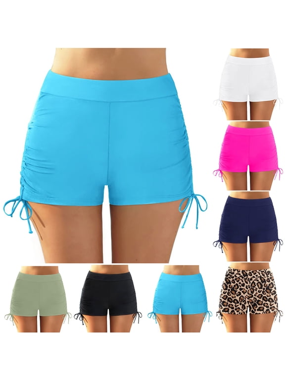 Women's Swim Shorts Solid Tankini Bottoms Swimming Shorts with Drawstring Summer Swimwear,Light Blue,8 - 12