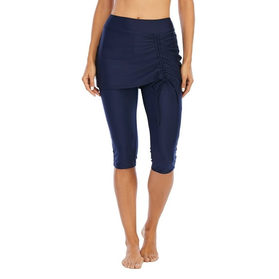 Women's Swim Skirted Leggings Capris Skirt Pants High Waist Swim Bottom Swimming Tight, Blue, 2XL