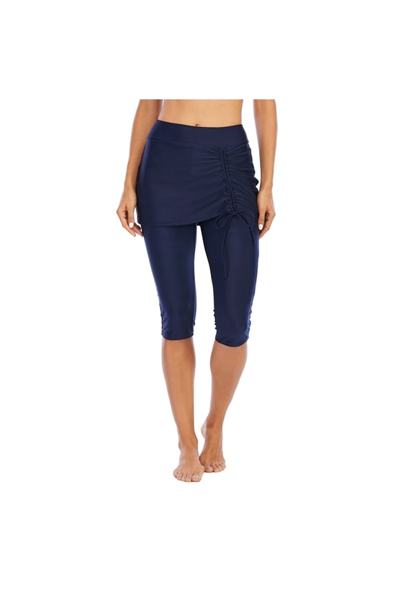 Women's Swim Skirted Leggings Capris Skirt Pants High Waist Swim Bottom Swimming Tight, Blue, XS