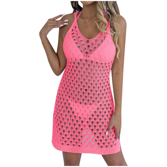 Women's Swimming Coverup Crochet Hollow Out Top 2025 Summer Sleeveless V-Neck Knit Beach Tees Coverups