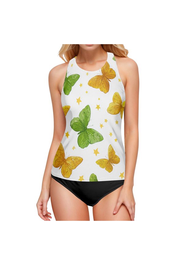 Women's Swimming Vest Women's Tankini Tops Swimming Vest for Women Soft and Smooth Suitable for Summer Beach Swimming Pool Parties XXL Yellow and Green Butterflies