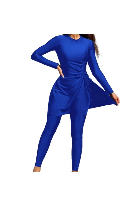 Women's Swimsuit 2 Piece Set Crew Neck Long Sleeve Drawstring Tops Long Pants Full Coverage Bathing Suit (L, Blue)