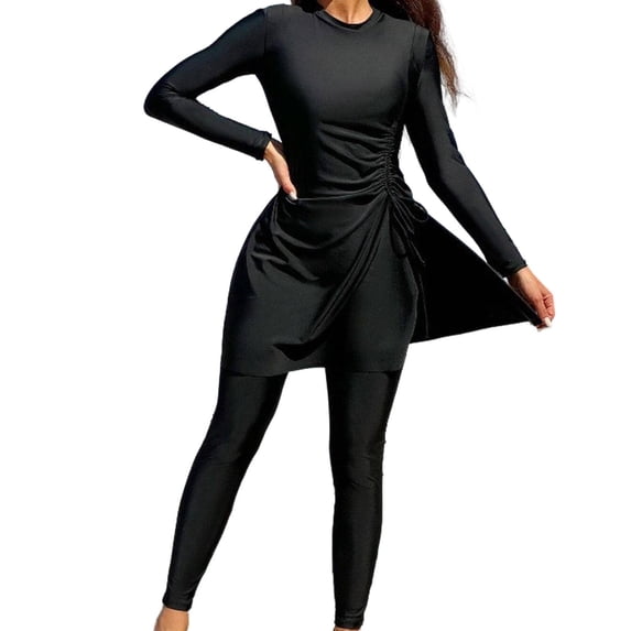 Women's Swimsuit 2 Piece Set Crew Neck Long Sleeve Drawstring Tops Long Pants Full Coverage Bathing Suit (XL, Black)