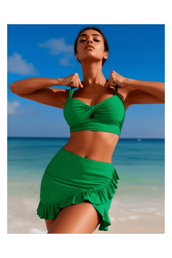 Women's Swimsuit 3 Piece Green Set - Tropical Vacation Bathing Suits with Crop Top & Skirt - Solid Color Swimwear for Women - Flattering Open Back Design