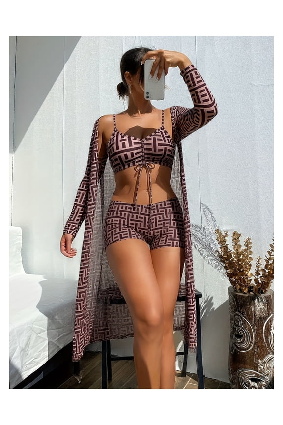 Women's Swimsuit 3 Piece Set - Geometric Print Bathing Suit Bralette Top High Waisted Shorts Sheer Cover Up; Stylish Beachwear for Women Teens