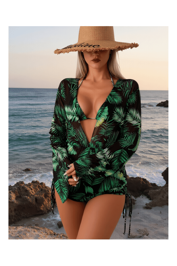 Women's Swimsuit 3 Piece Set Tropical Leaf Print - Sun Protection Beach Bathing Suit Lace Up Bikini with Rash Guard